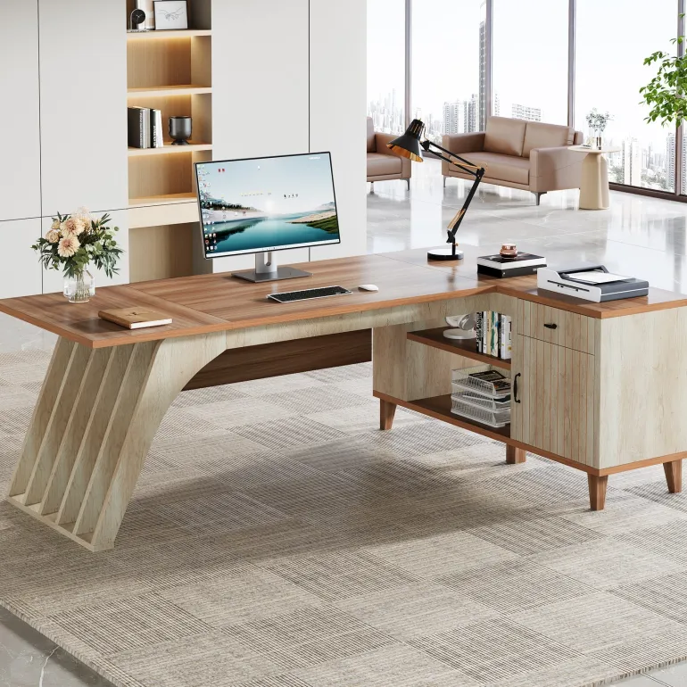 Store Tribesigns 78.7" L - Shaped Executive Desk, Computer Desk Office Desk with File Cabinet