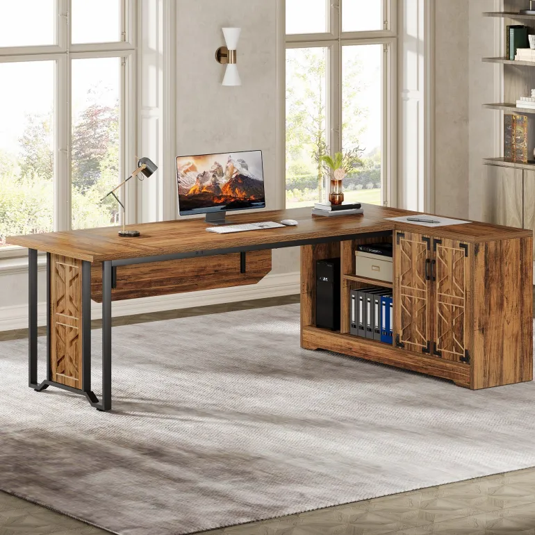 Flash Sale Tribesigns 78" L - Shaped Executive Desk, Farmhouse Reversible Computer Desk with Cabinet