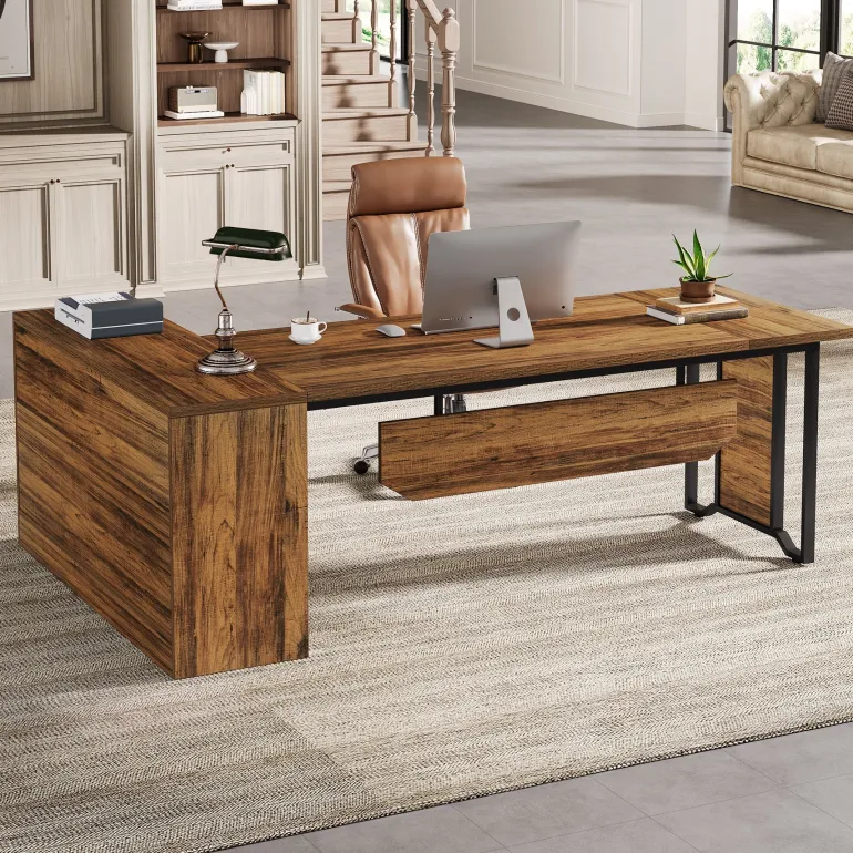 Flash Sale Tribesigns 78" L - Shaped Executive Desk, Farmhouse Reversible Computer Desk with Cabinet