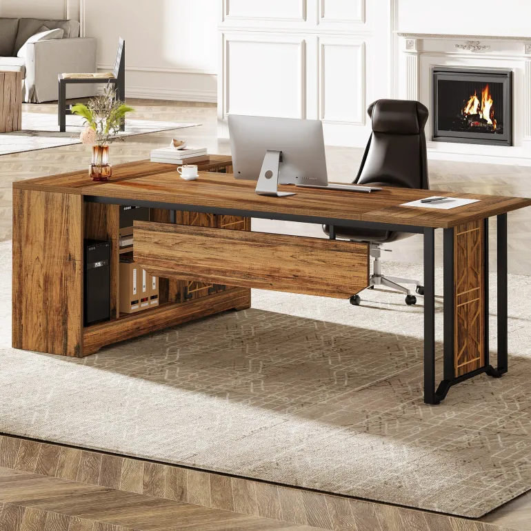 Flash Sale Tribesigns 78" L - Shaped Executive Desk, Farmhouse Reversible Computer Desk with Cabinet