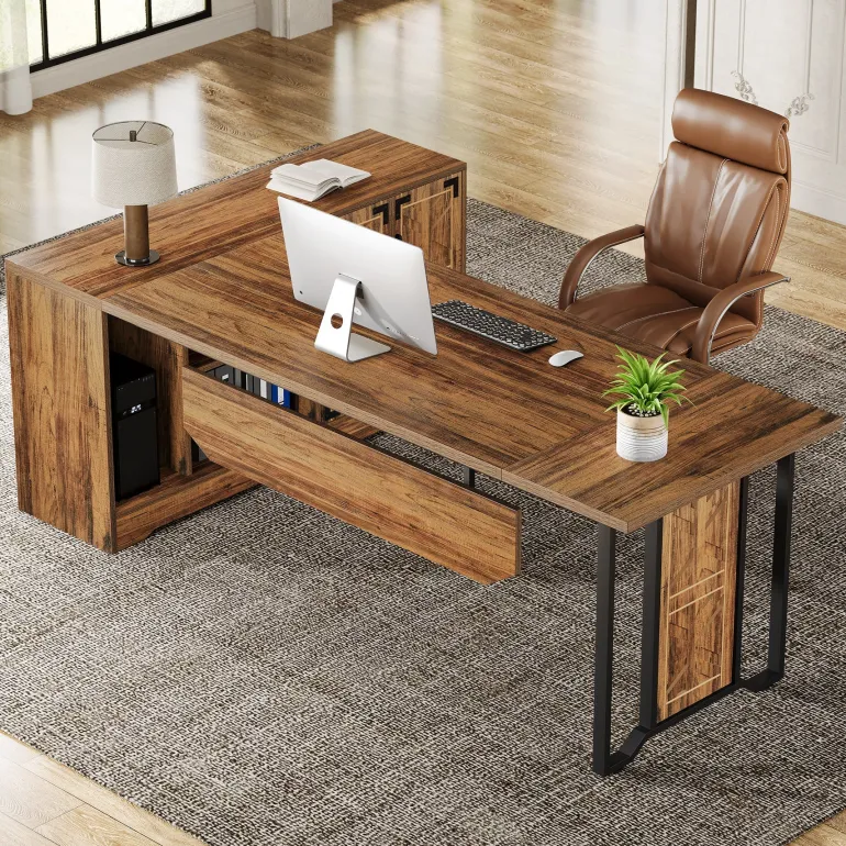 Flash Sale Tribesigns 78" L - Shaped Executive Desk, Farmhouse Reversible Computer Desk with Cabinet