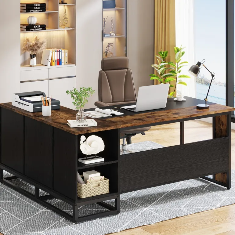 Fashion Tribesigns 63" L-Shaped Desk, Large Executive Business Desk with Drawers and Shelves