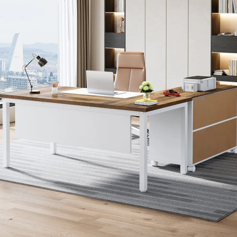 Cheap Tribesigns 63" L-Shaped Desk, Modern Executive Computer Desk with 37" Mobile File Cabinet