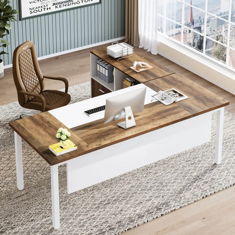 Cheap Tribesigns 63" L-Shaped Desk, Modern Executive Computer Desk with 37" Mobile File Cabinet