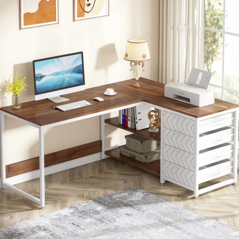 Best Sale Tribesigns 59" L-Shaped Desk, Reversible Corner Desk with Drawers & Shelves