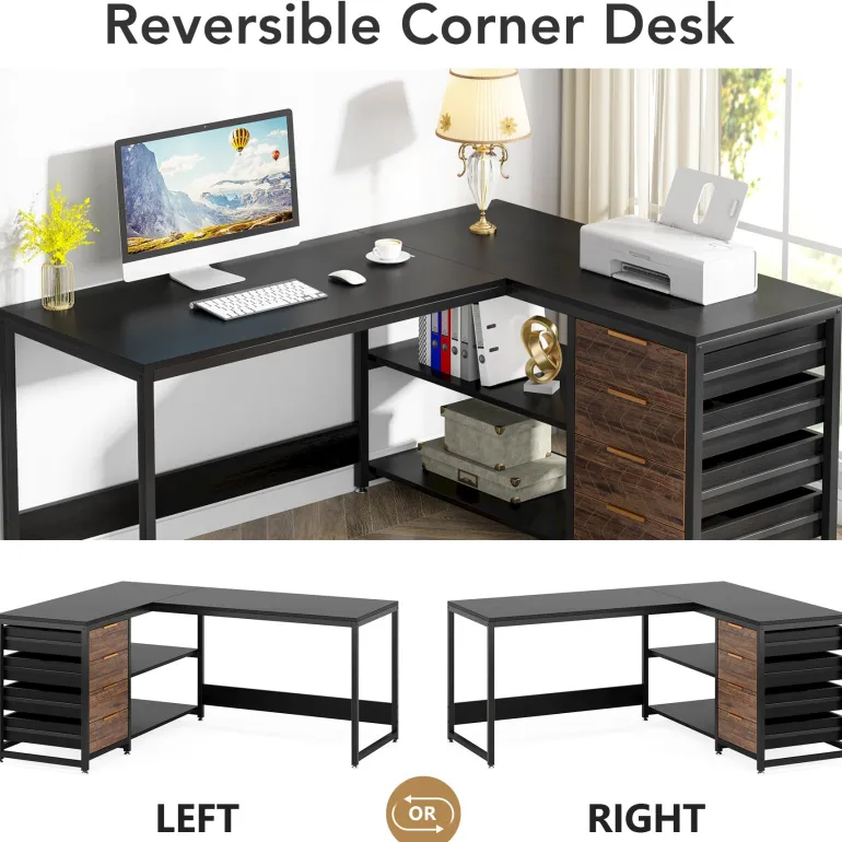 Best Sale Tribesigns 59" L-Shaped Desk, Reversible Corner Desk with Drawers & Shelves
