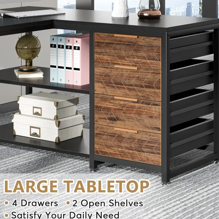 Best Sale Tribesigns 59" L-Shaped Desk, Reversible Corner Desk with Drawers & Shelves