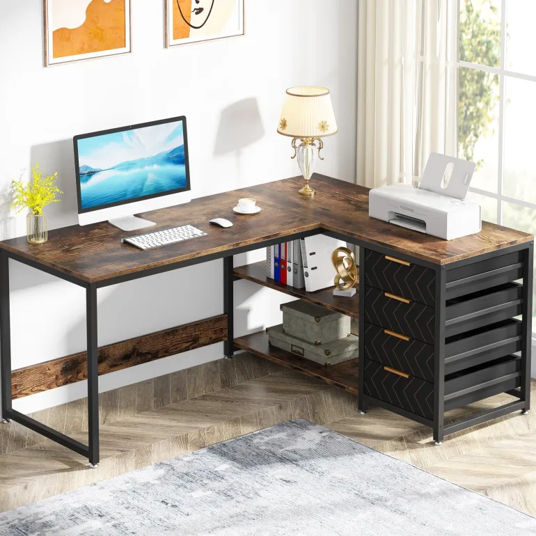 Best Sale Tribesigns 59" L-Shaped Desk, Reversible Corner Desk with Drawers & Shelves