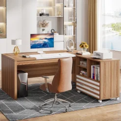 Cheap Tribesigns 66.2" L-Shaped Executive Desk, Computer Desk with Mobile File Cabinet