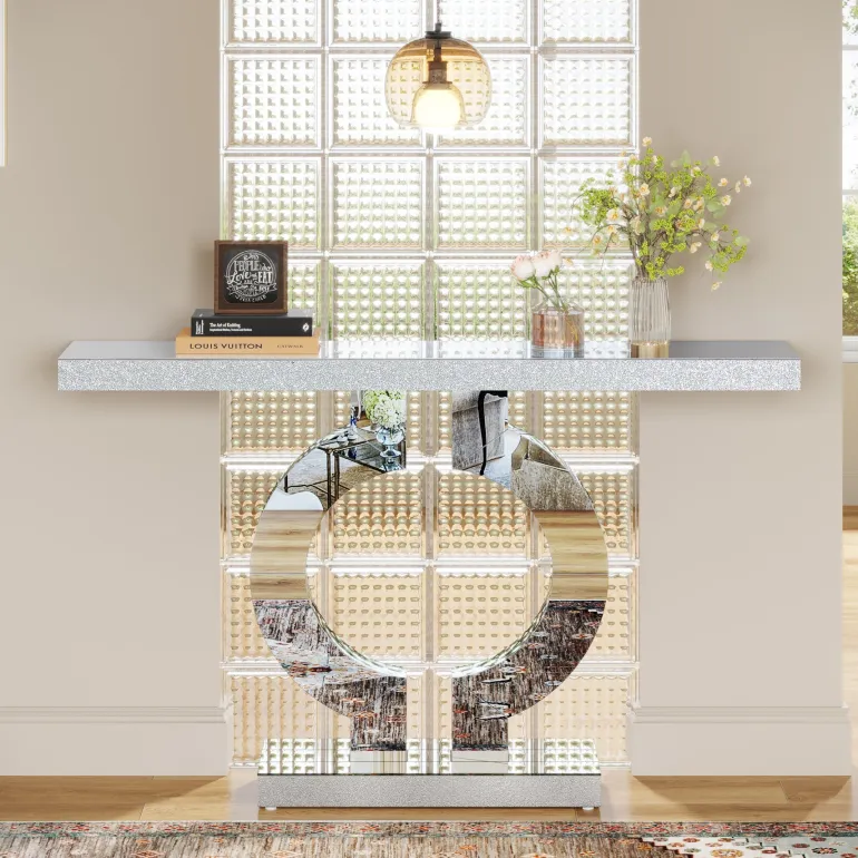 Store Tribesigns 43" Mirrored Console Table, Modern Silver Sofa Table with O - Shaped Base