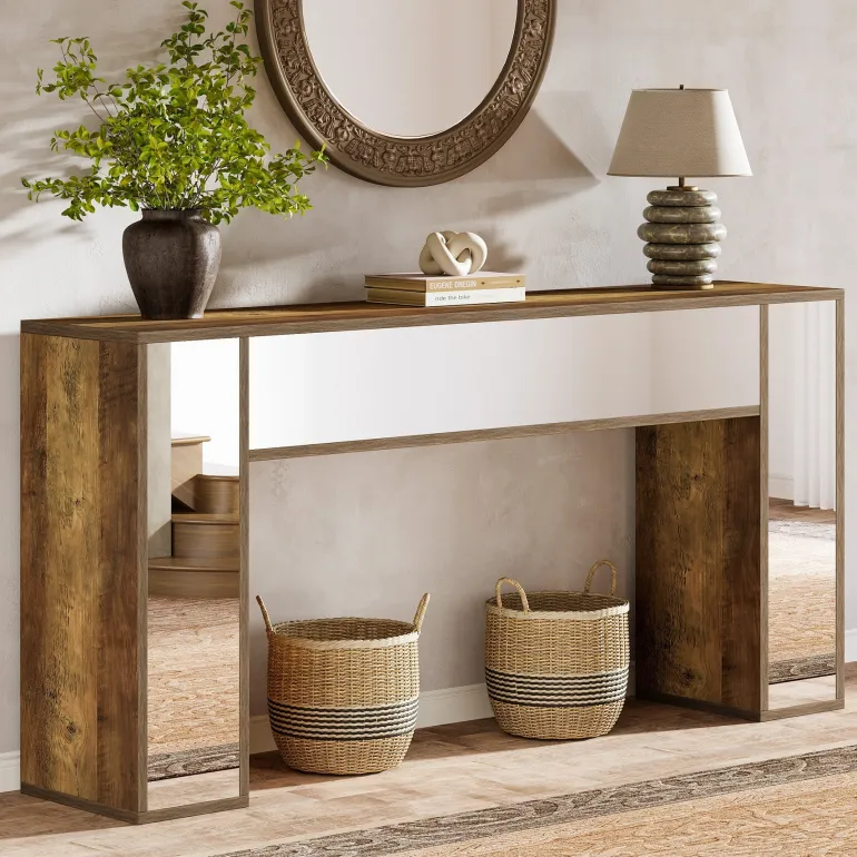 Store Tribesigns 63" Mirrored Console Table, Wooden Sofa Table Hallway Table