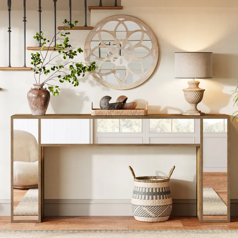 Store Tribesigns 63" Mirrored Console Table, Wooden Sofa Table Hallway Table