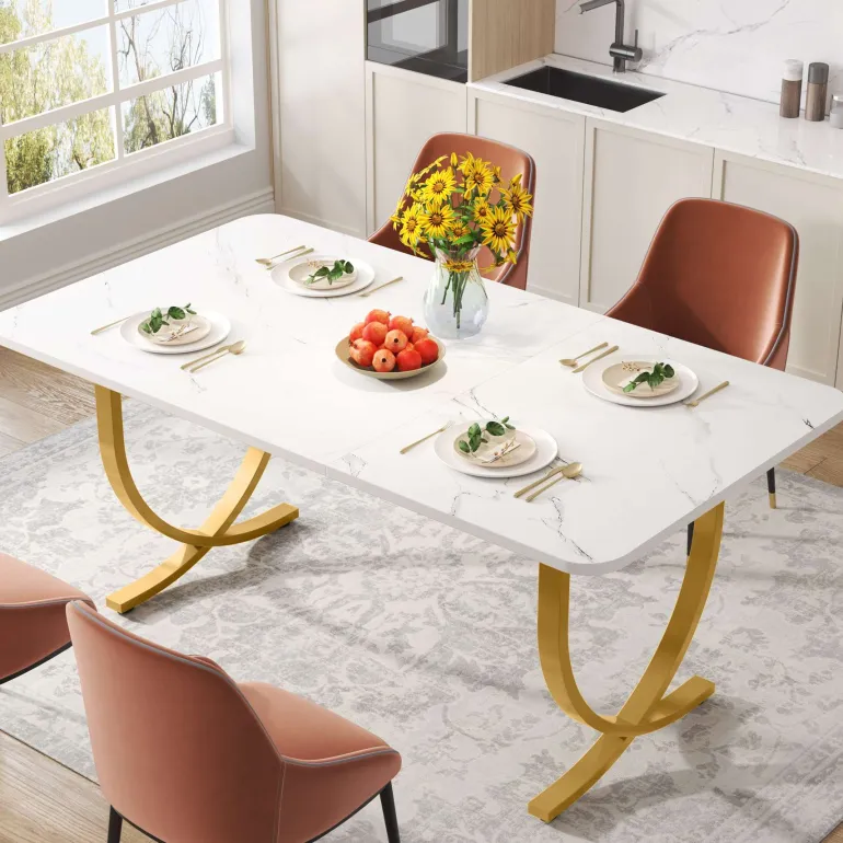 Discount Tribesigns 63" Modern Dining Table Kitchen Table with Faux Marble Table Top