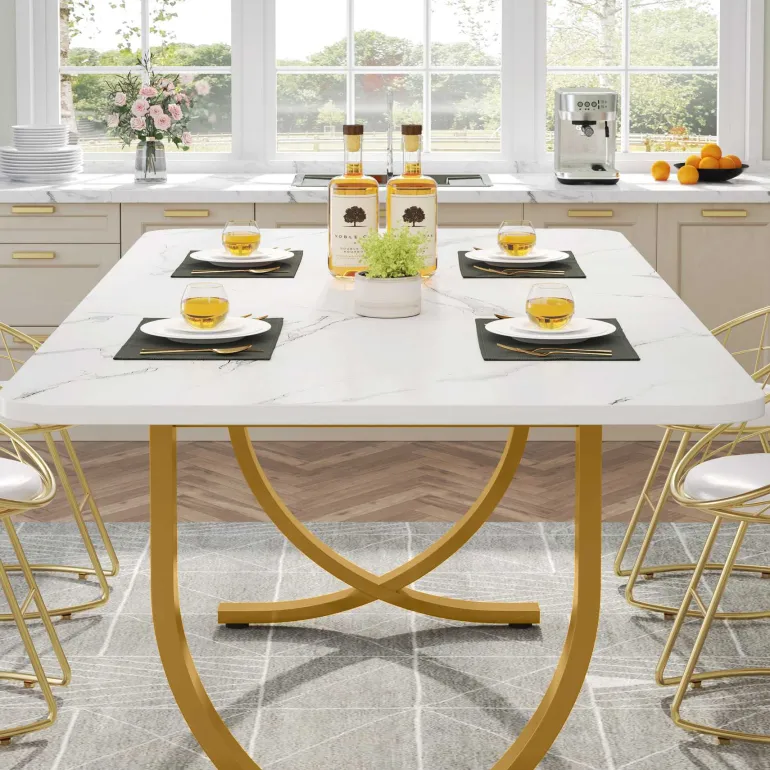 Discount Tribesigns 63" Modern Dining Table Kitchen Table with Faux Marble Table Top