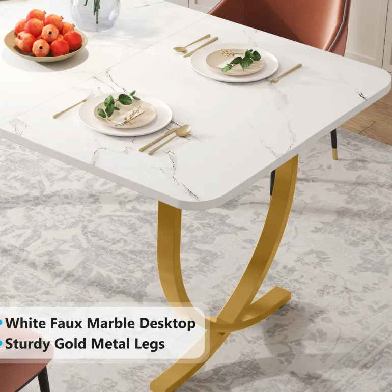 Discount Tribesigns 63" Modern Dining Table Kitchen Table with Faux Marble Table Top