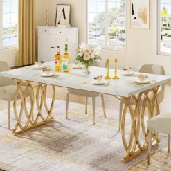 Best Sale Tribesigns 63" Modern Dining Table with Faux Marble Tabletop for 4-6 People