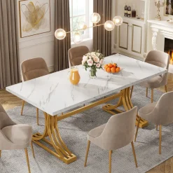 Best Sale Tribesigns 63'' Modern Dining Table with Faux Marble Tabletop & Metal Legs