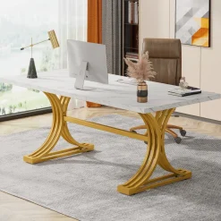 Hot Tribesigns 63'' Modern Executive Computer Desk with Faux Marble Tabletop