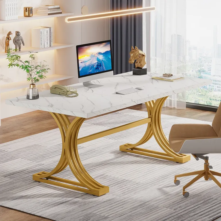 Hot Tribesigns 63'' Modern Executive Computer Desk with Faux Marble Tabletop