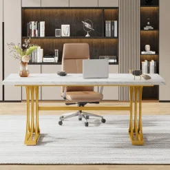 Hot Tribesigns 63'' Modern Executive Computer Desk with Faux Marble Tabletop