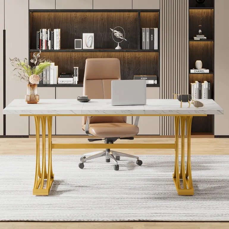 Hot Tribesigns 63'' Modern Executive Computer Desk with Faux Marble Tabletop