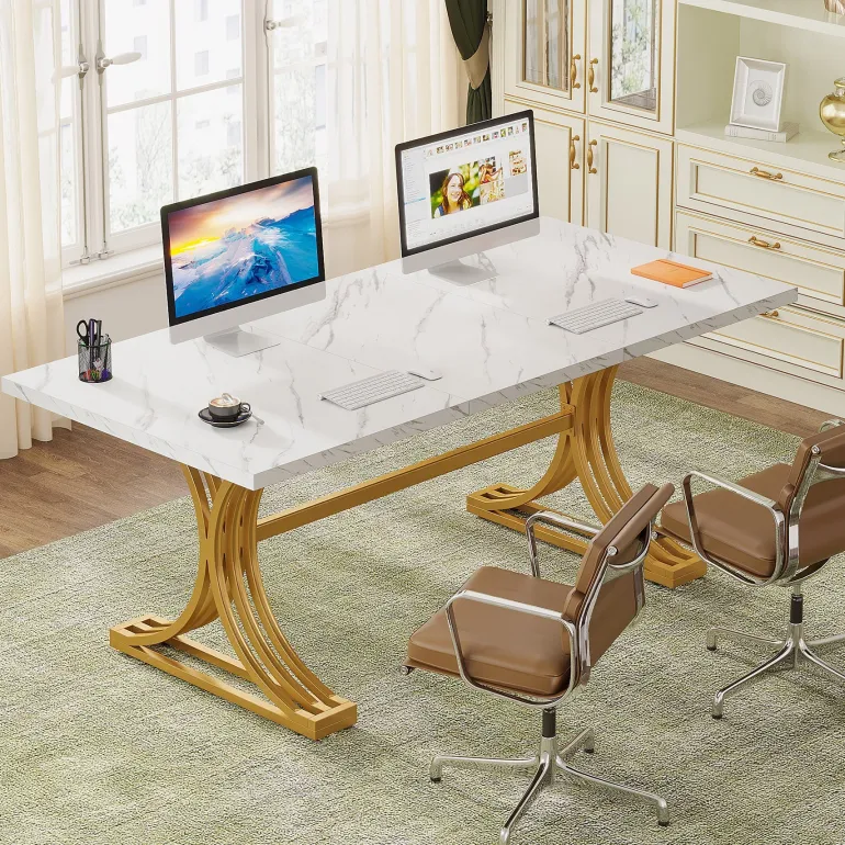 Hot Tribesigns 63'' Modern Executive Computer Desk with Faux Marble Tabletop
