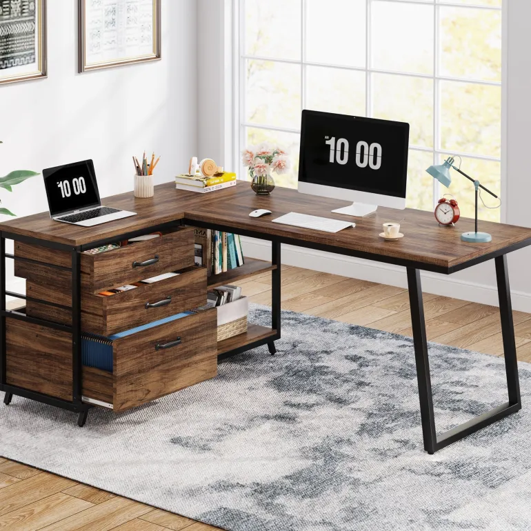 Best Sale Tribesigns 53" Reversible L-Shaped Computer Desk With 3 Drawers & Shelves