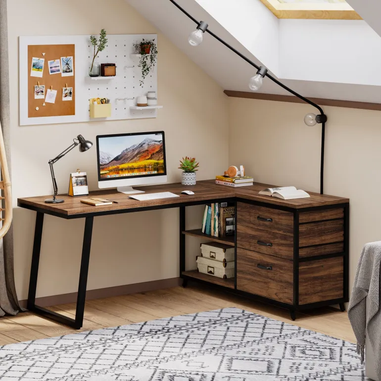 Best Sale Tribesigns 53" Reversible L-Shaped Computer Desk With 3 Drawers & Shelves
