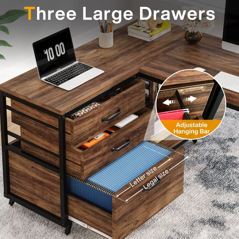 Best Sale Tribesigns 53" Reversible L-Shaped Computer Desk With 3 Drawers & Shelves