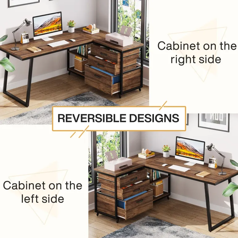 Best Sale Tribesigns 53" Reversible L-Shaped Computer Desk With 3 Drawers & Shelves