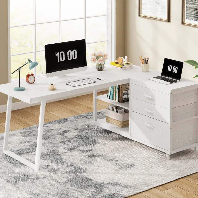 Best Sale Tribesigns 53" Reversible L-Shaped Computer Desk With 3 Drawers & Shelves