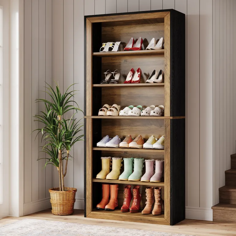 Cheap Tribesigns 74" Shoe Cabinet, 6 - Tier Wood Freestanding Shoe Storage Cabinet