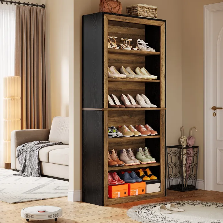 Cheap Tribesigns 74" Shoe Cabinet, 6 - Tier Wood Freestanding Shoe Storage Cabinet