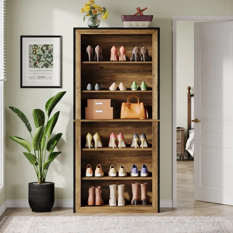 Cheap Tribesigns 74" Shoe Cabinet, 6 - Tier Wood Freestanding Shoe Storage Cabinet