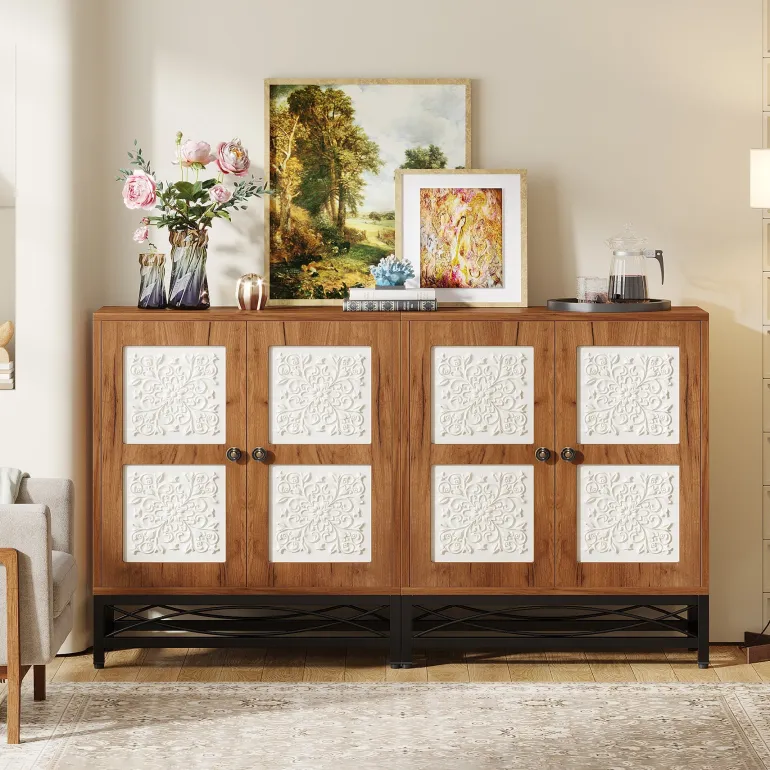 Cheap Tribesigns 59" Sideboard Buffet Cabinet with Storage Shelves and Carved Design Doors