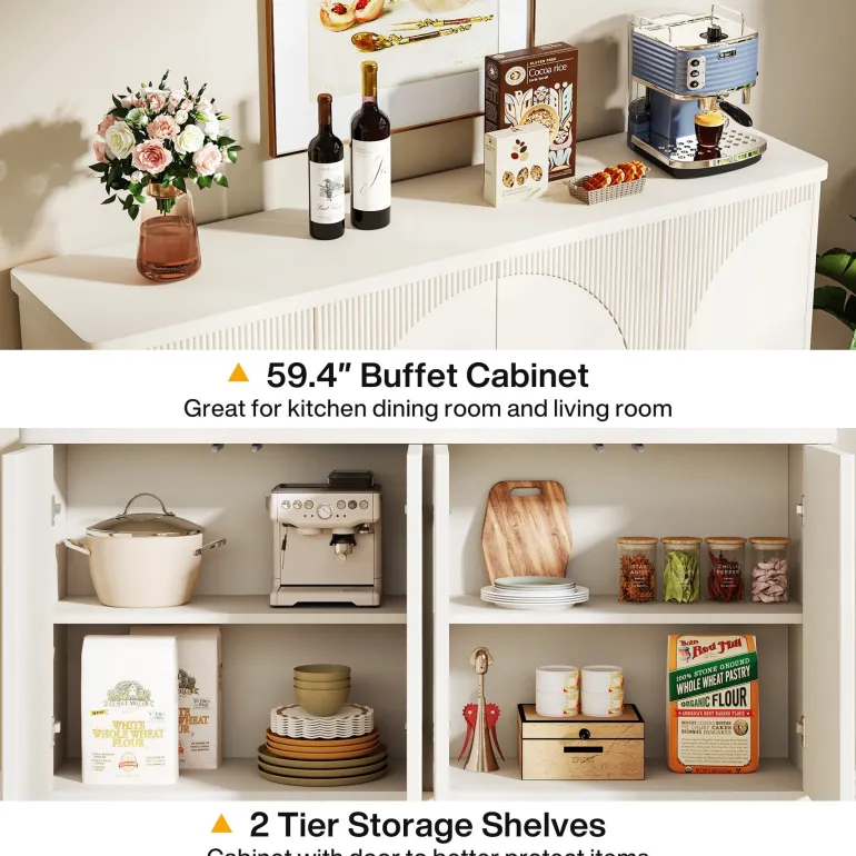 Sale Tribesigns 59.4" Sideboard Buffet, White Credenza Storage Cabinet with Doors