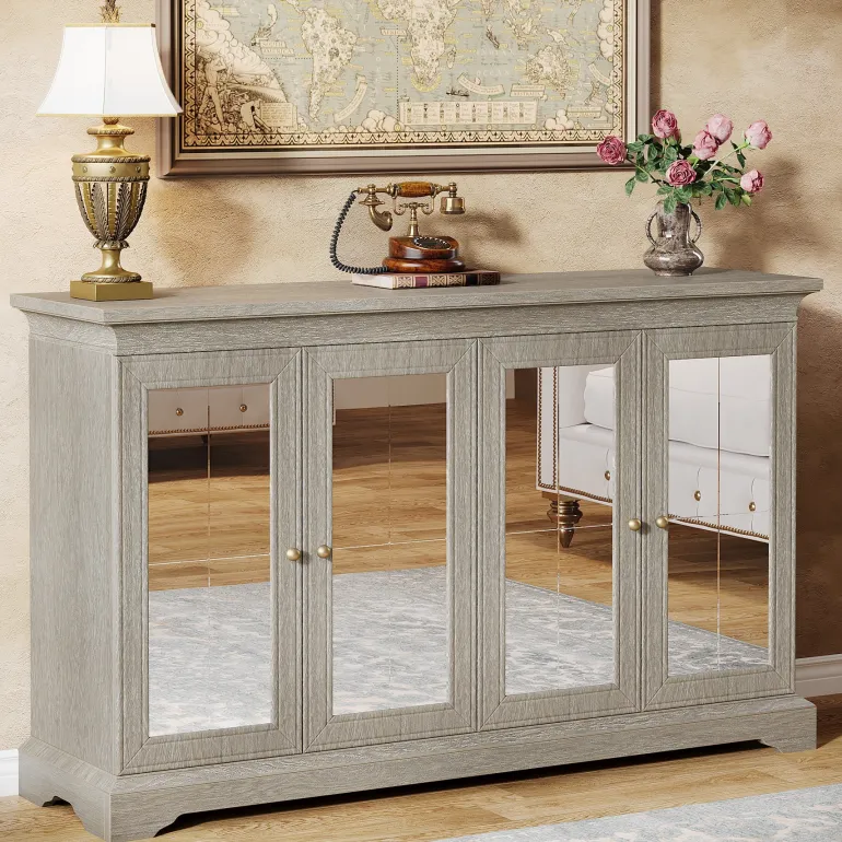 New Tribesigns 55" Sideboard Buffet, Wood Mirrored Buffet Cabinet with Adjustable Shelves