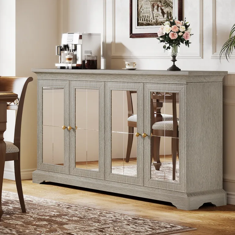 New Tribesigns 55" Sideboard Buffet, Wood Mirrored Buffet Cabinet with Adjustable Shelves