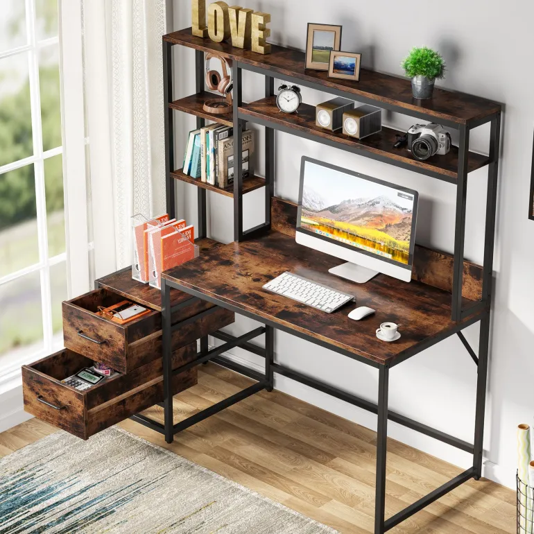 Flash Sale Tribesigns 60" Tall Computer Desk Writing Table with 2 Drawers and Storage Shelves