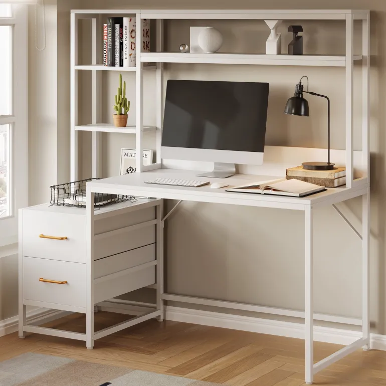 Flash Sale Tribesigns 60" Tall Computer Desk Writing Table with 2 Drawers and Storage Shelves