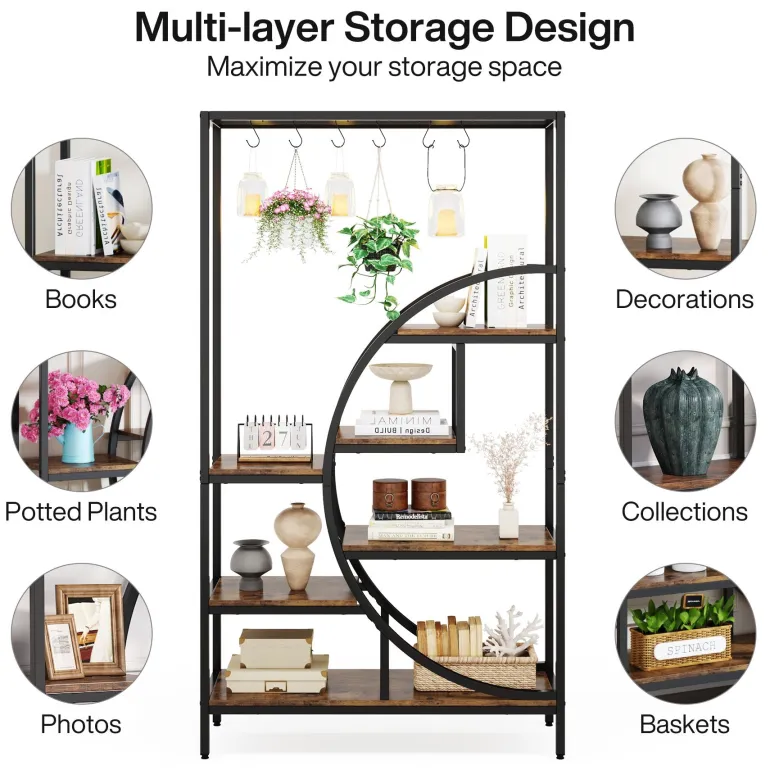 Fashion Tribesigns 70.9" Tall Plant Stand, 7 Tier Flower Pots Display Rack with 6 Hooks