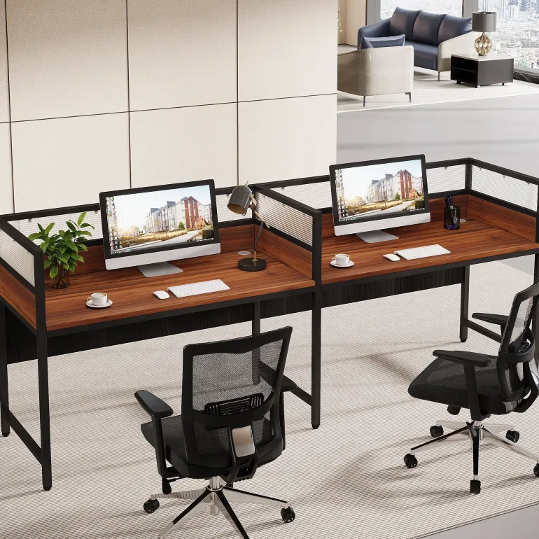 New Tribesigns 94.5" Two - Person Desk, Office Computer Desk Workstation Desk with Privacy Panel