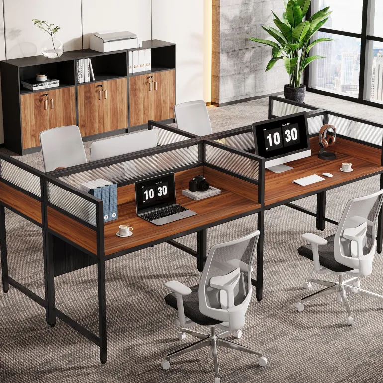 New Tribesigns 94.5" Two - Person Desk, Office Computer Desk Workstation Desk with Privacy Panel