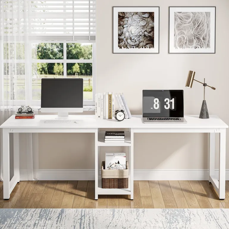 Fashion Tribesigns 78.74" Two Person Desk, Double Computer Desk with Storage Shelves
