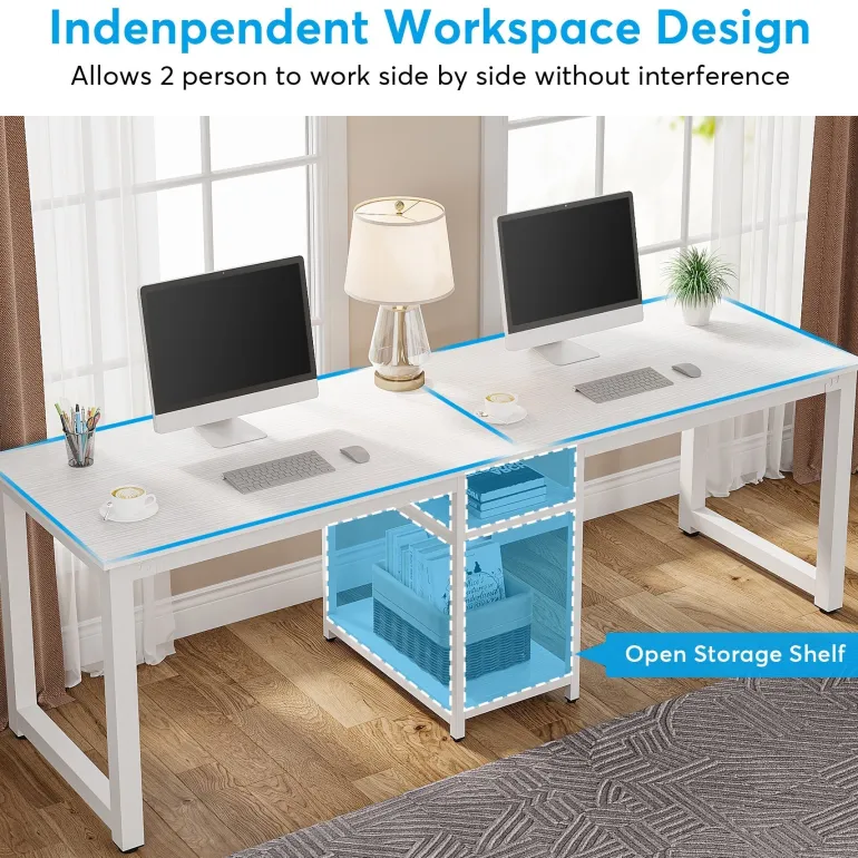 Fashion Tribesigns 78.74" Two Person Desk, Double Computer Desk with Storage Shelves