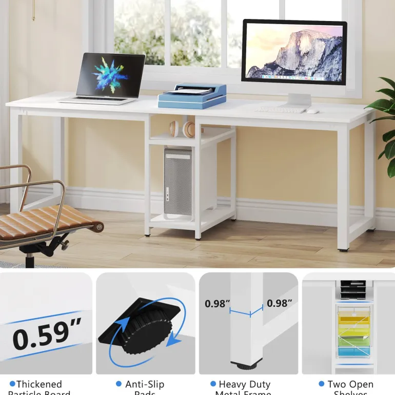 Fashion Tribesigns 78.74" Two Person Desk, Double Computer Desk with Storage Shelves