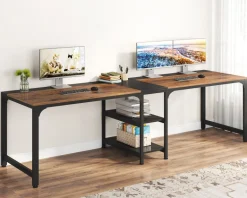 Fashion Tribesigns 90.55'' Two Person Desk, Double Computer Desk with Storage Shelves