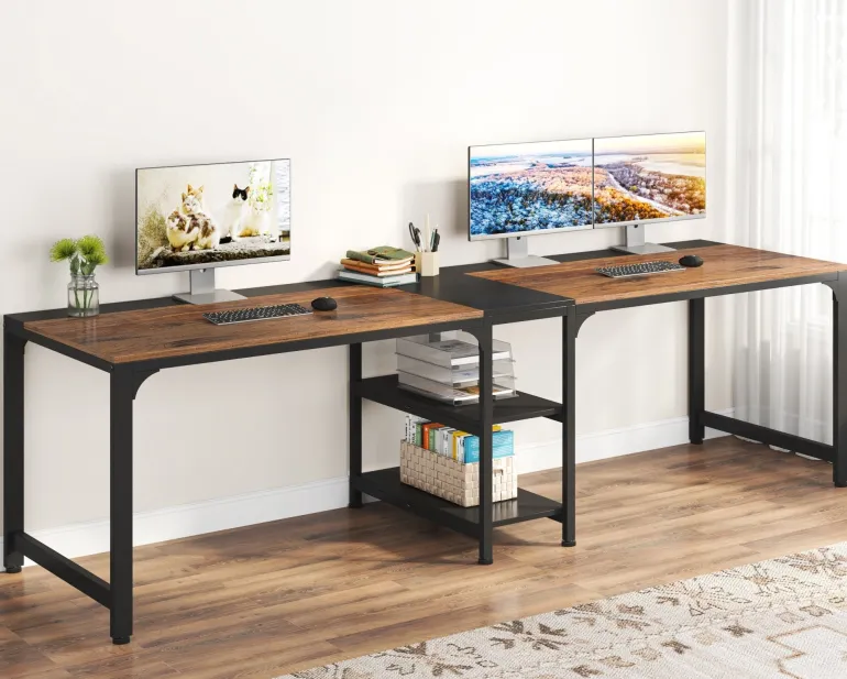 Fashion Tribesigns 90.55'' Two Person Desk, Double Computer Desk with Storage Shelves