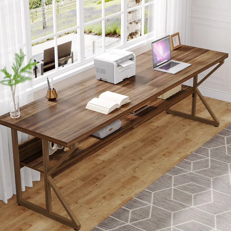 Flash Sale Tribesigns 78.74" Two Person Desk, Large Computer Desk with Storage Shelf
