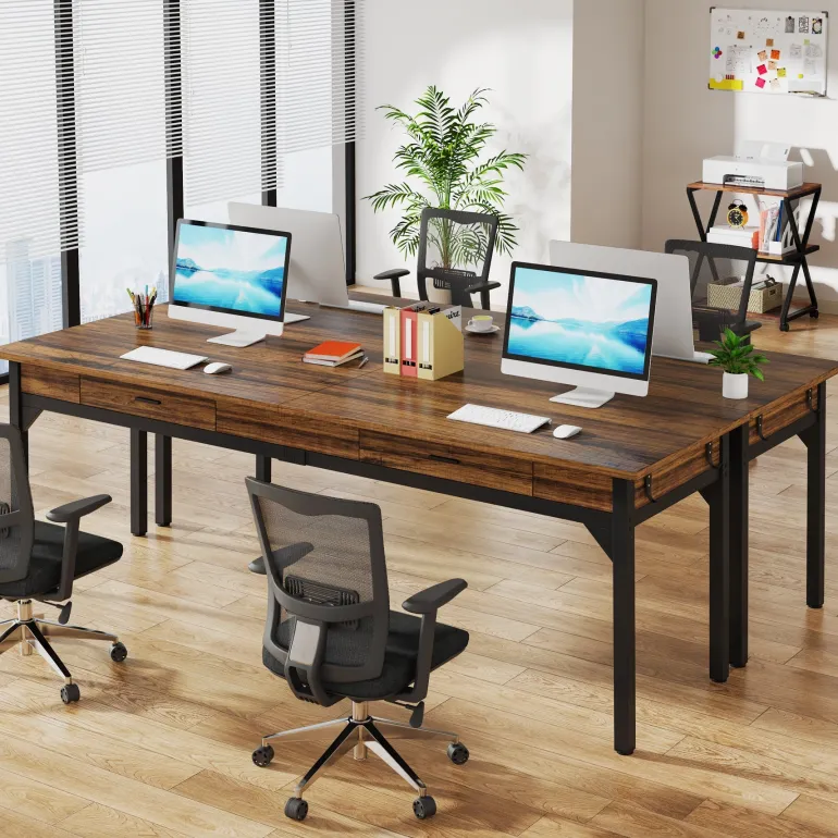 Cheap Tribesigns 78.7" Two Person Desk, Long Computer Desk with 2 Drawers